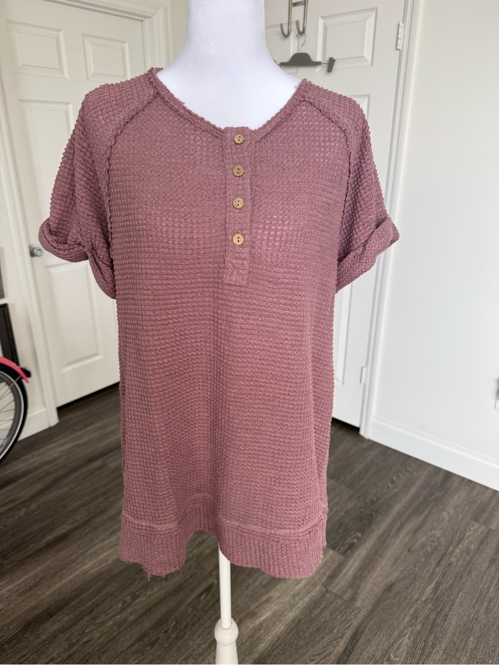 JODIFL Dusty Rose Knit Henley Short Sleeve Top